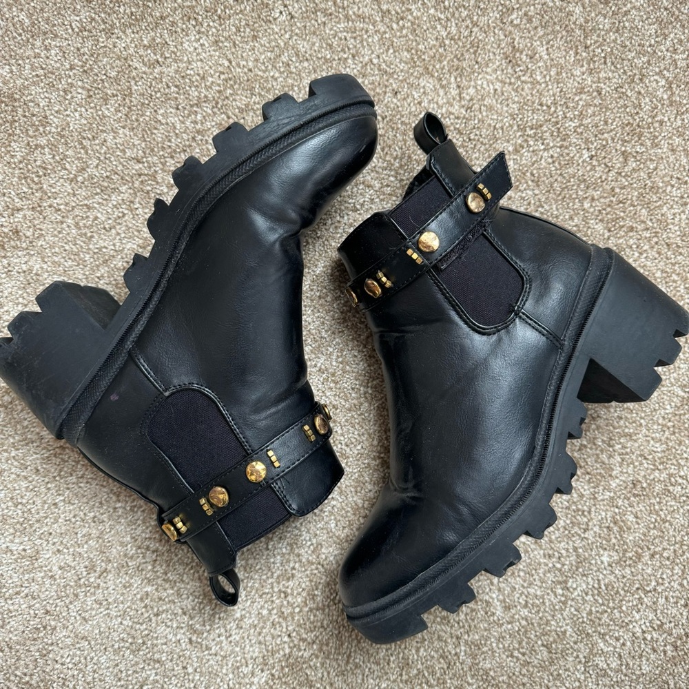 Black Chunky Heeled Combat Boots with Gold Embellishments